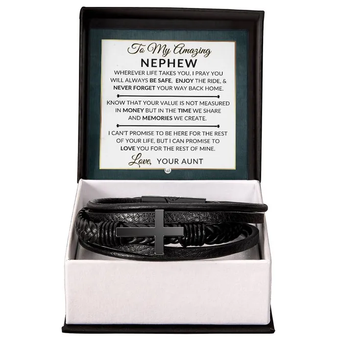 Gift For Nephew From Aunt Never Forget Your Way Home Mens Braided Leather Bracelet with Cross Christmas Gift or A Birthday Present For Him ShineOn Fulfillment Bracelets