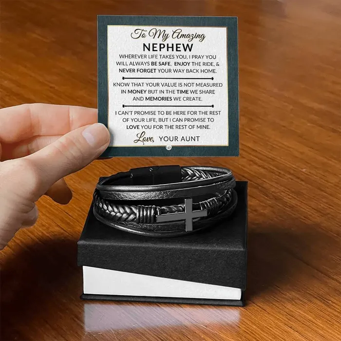 Gift For Nephew From Aunt Never Forget Your Way Home Mens Braided Leather Bracelet with Cross Christmas Gift or A Birthday Present For Him ShineOn Fulfillment Bracelets