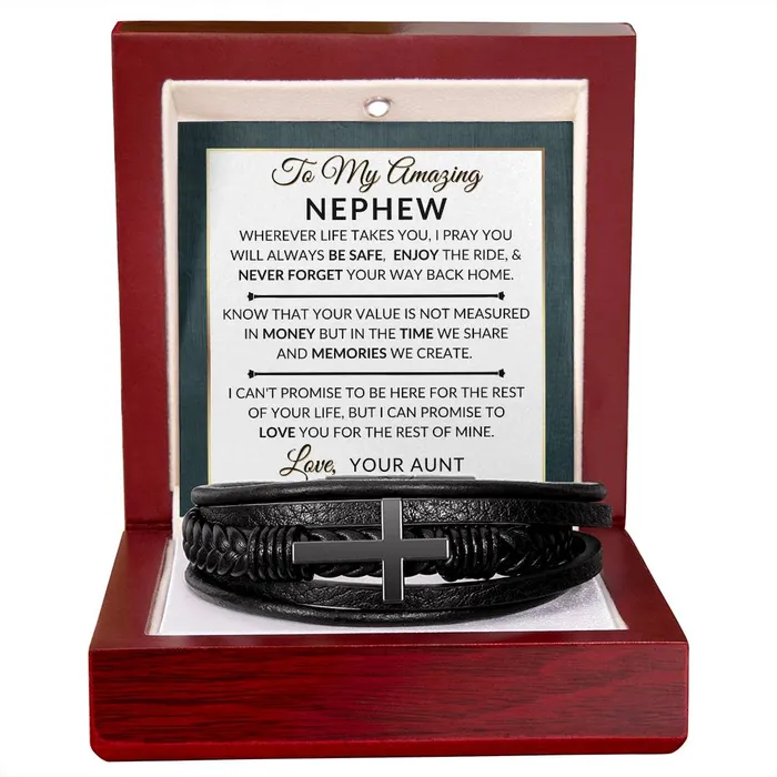 Gift For Nephew From Aunt Never Forget Your Way Home Mens Braided Leather Bracelet with Cross Christmas Gift or A Birthday Present For Him ShineOn Fulfillment Bracelets
