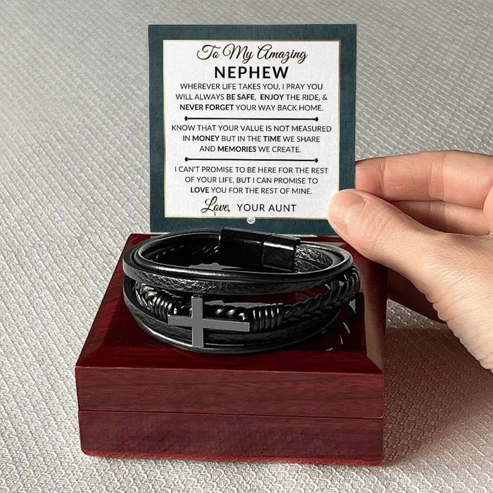 Gift For Nephew From Aunt Never Forget Your Way Home Mens Braided Leather Bracelet with Cross Christmas Gift or A Birthday Present For Him ShineOn Fulfillment Bracelets