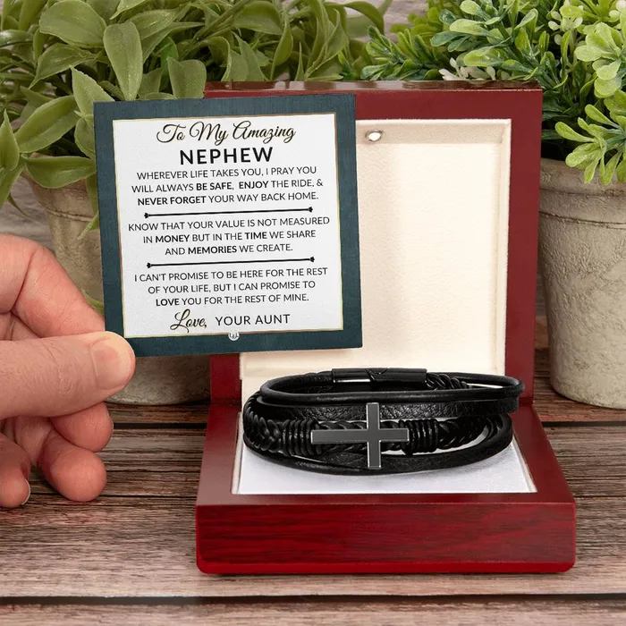 Gift For Nephew From Aunt Never Forget Your Way Home Mens Braided Leather Bracelet with Cross Christmas Gift or A Birthday Present For Him ShineOn Fulfillment Bracelets