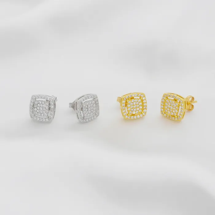 Glitters CZ Paved Square Stud Earrings Gold Earrings