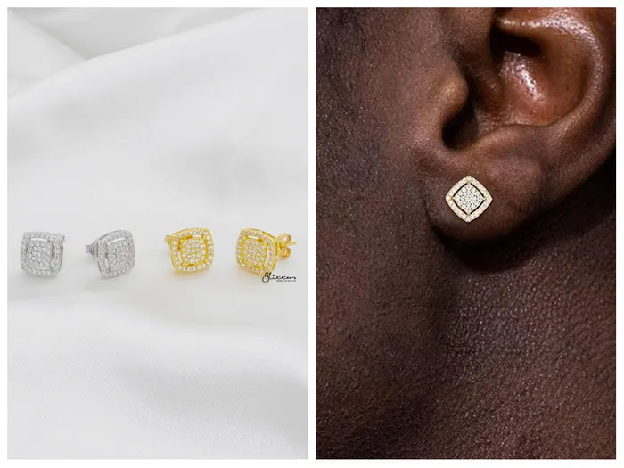 Glitters CZ Paved Square Stud Earrings Gold Earrings
