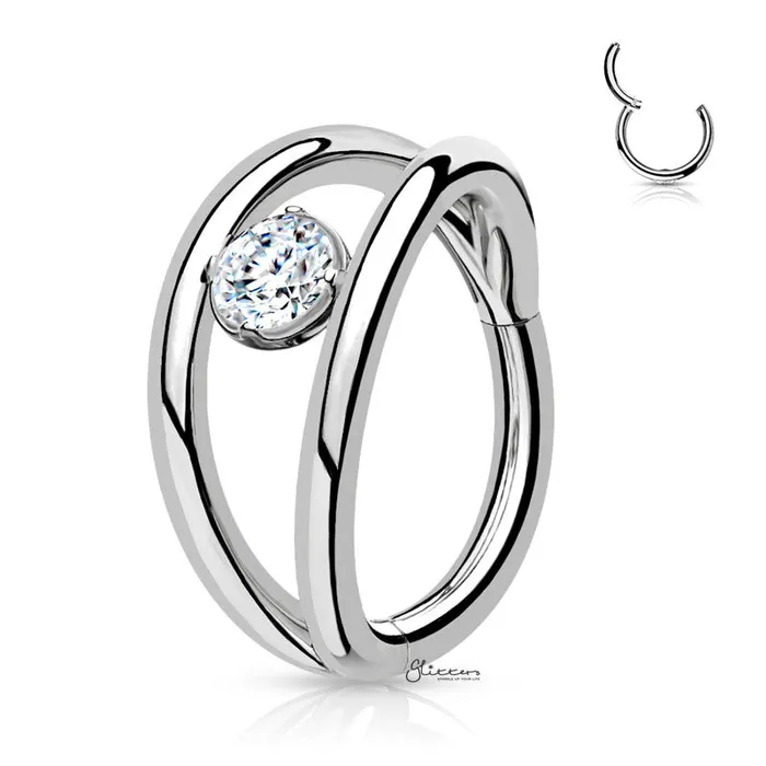Glitters Double Lines and CZ Hinged Segment Hoop Ring Silver Rings