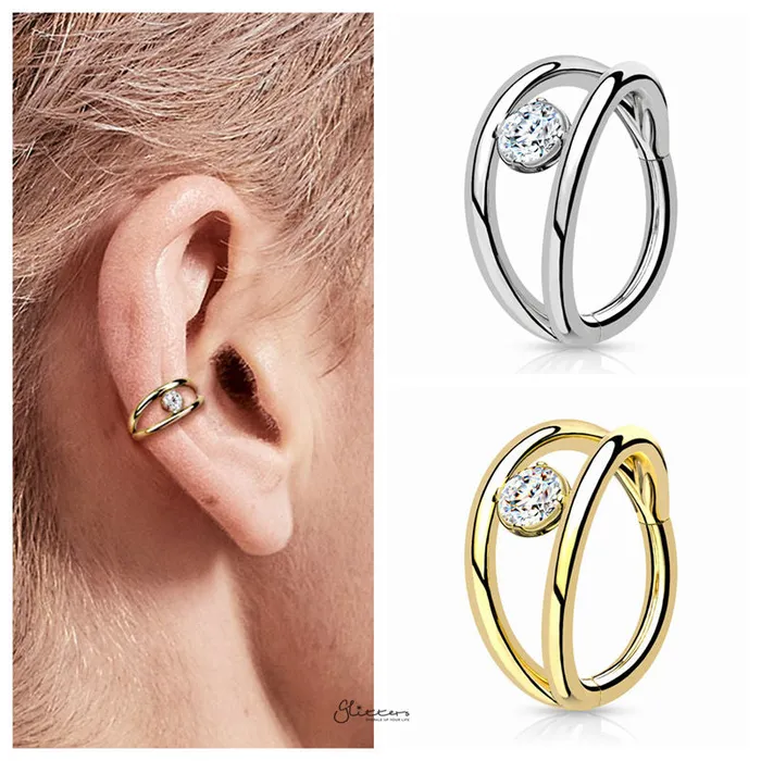 Glitters Double Lines and CZ Hinged Segment Hoop Ring Silver Rings