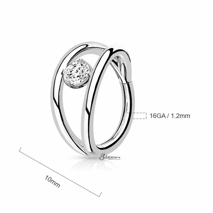 Glitters Double Lines and CZ Hinged Segment Hoop Ring Silver Rings