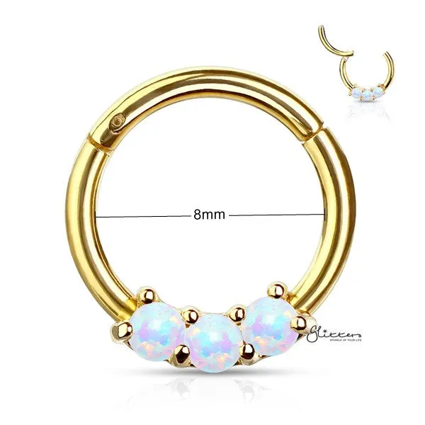 Glitters Earrings 316L Surgical Steel 3Opal Set Hinged Segment Hoop Rings