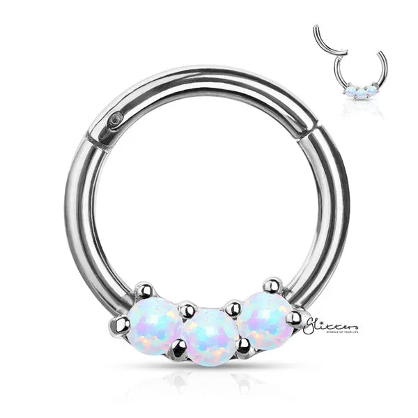 Glitters Earrings 316L Surgical Steel 3Opal Set Hinged Segment Hoop Rings