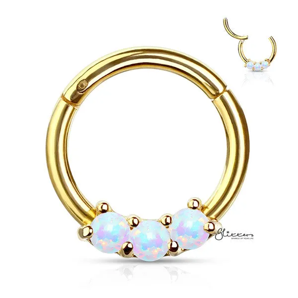 Glitters Earrings 316L Surgical Steel 3Opal Set Hinged Segment Hoop Rings