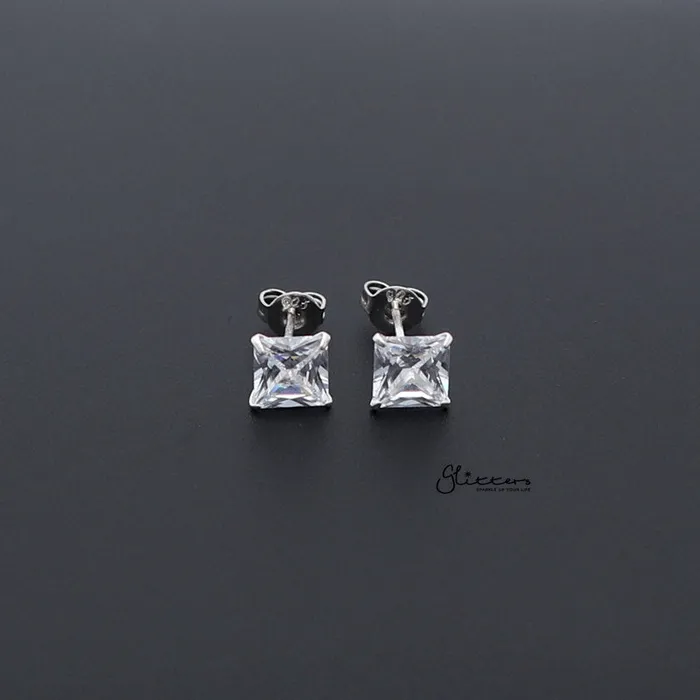 Glitters Earrings 925 Sterling Silver Martini Stud Earring with Square Cubic Zirconia3mm 4mm 5mm 6mm