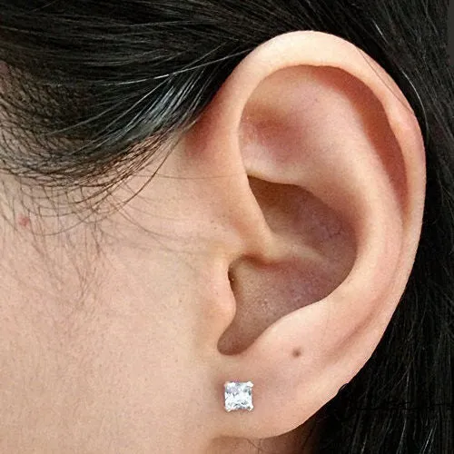 Glitters Earrings 925 Sterling Silver Martini Stud Earring with Square Cubic Zirconia3mm 4mm 5mm 6mm