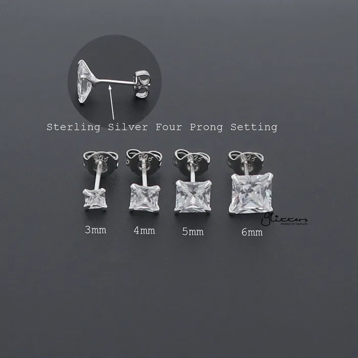 Glitters Earrings 925 Sterling Silver Martini Stud Earring with Square Cubic Zirconia3mm 4mm 5mm 6mm