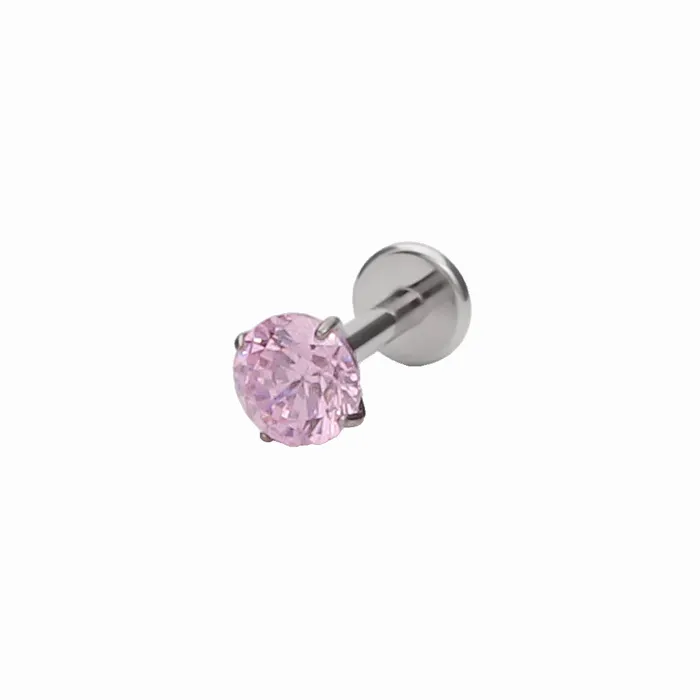 Glitters Earrings Round CZ Top Internally Threaded Titanium Flat Back Stud Earrings Pink