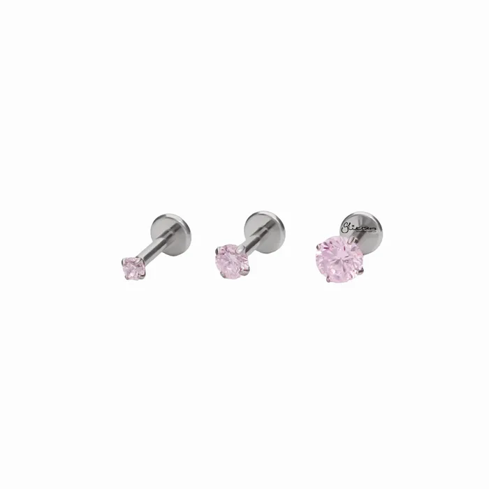 Glitters Earrings Round CZ Top Internally Threaded Titanium Flat Back Stud Earrings Pink