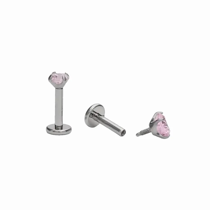 Glitters Earrings Round CZ Top Internally Threaded Titanium Flat Back Stud Earrings Pink