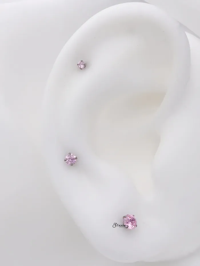 Glitters Earrings Round CZ Top Internally Threaded Titanium Flat Back Stud Earrings Pink