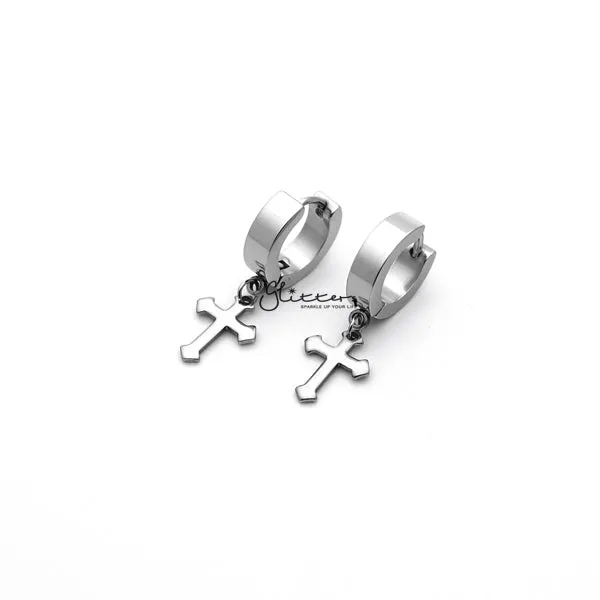 Glitters Earrings Stainless Steel Dangle Cross Huggie Hoop Earrings Silver