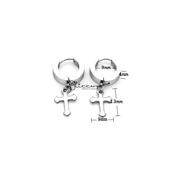 Glitters Earrings Stainless Steel Dangle Cross Huggie Hoop Earrings Silver