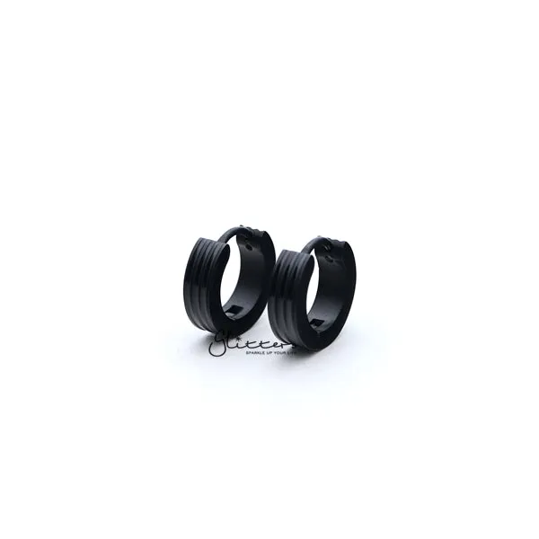 Glitters Earrings Stainless Steel Hinged Hoop Earrings with Grooves Carved Center Black