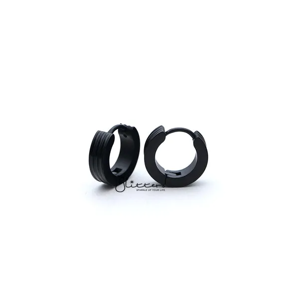 Glitters Earrings Stainless Steel Hinged Hoop Earrings with Grooves Carved Center Black