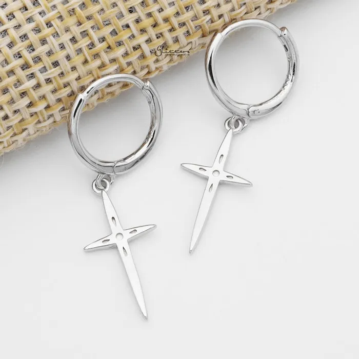 Glitters Earrings Sterling Silver Cross Charm Huggie Hoop Earrings Silver