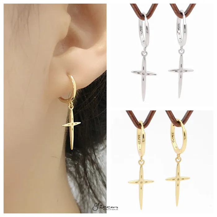 Glitters Earrings Sterling Silver Cross Charm Huggie Hoop Earrings Silver