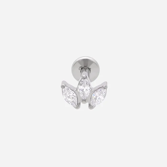 Glitters Earrings Triple Marquis CZ Top Internally Threaded Flat Back Stud Earrings