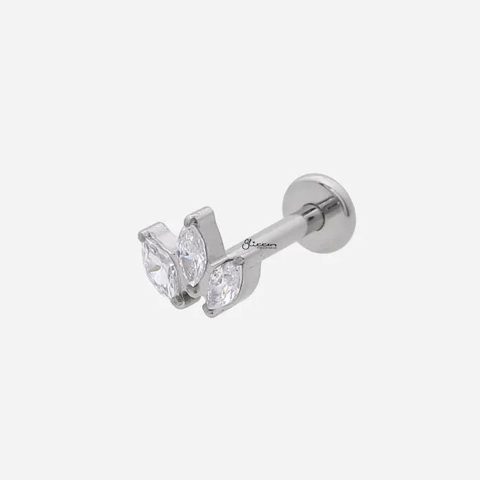 Glitters Earrings Triple Marquis CZ Top Internally Threaded Flat Back Stud Earrings