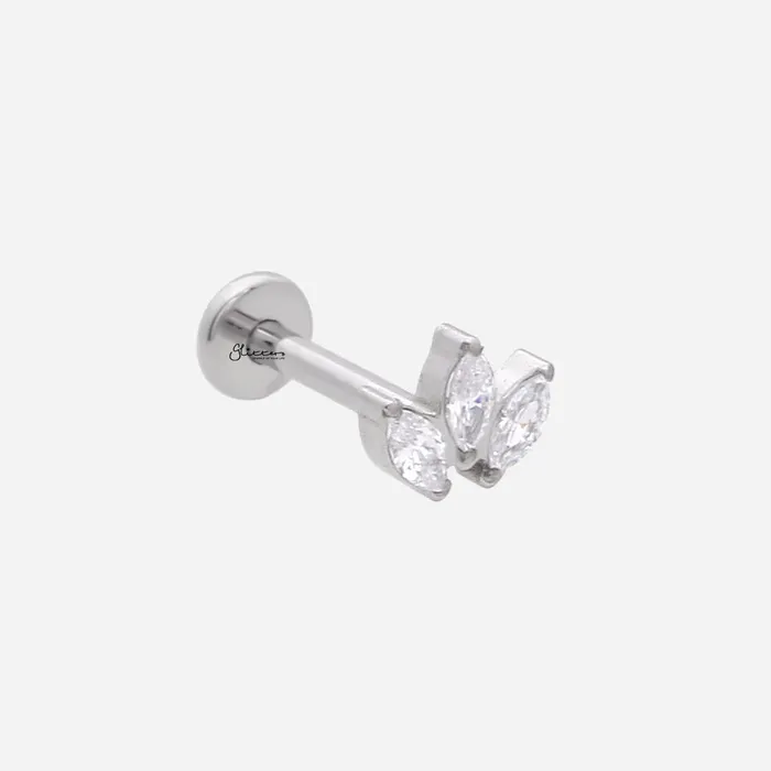 Glitters Earrings Triple Marquis CZ Top Internally Threaded Flat Back Stud Earrings