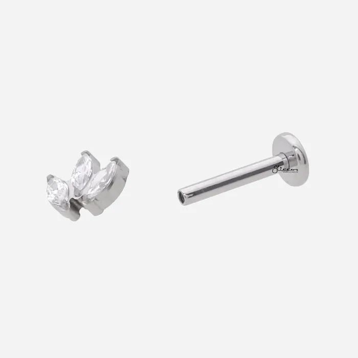 Glitters Earrings Triple Marquis CZ Top Internally Threaded Flat Back Stud Earrings