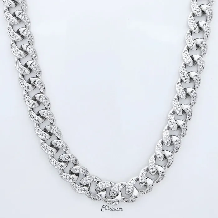 Glitters Necklaces 15mm Iced Out Miami Cuban Chain Silver