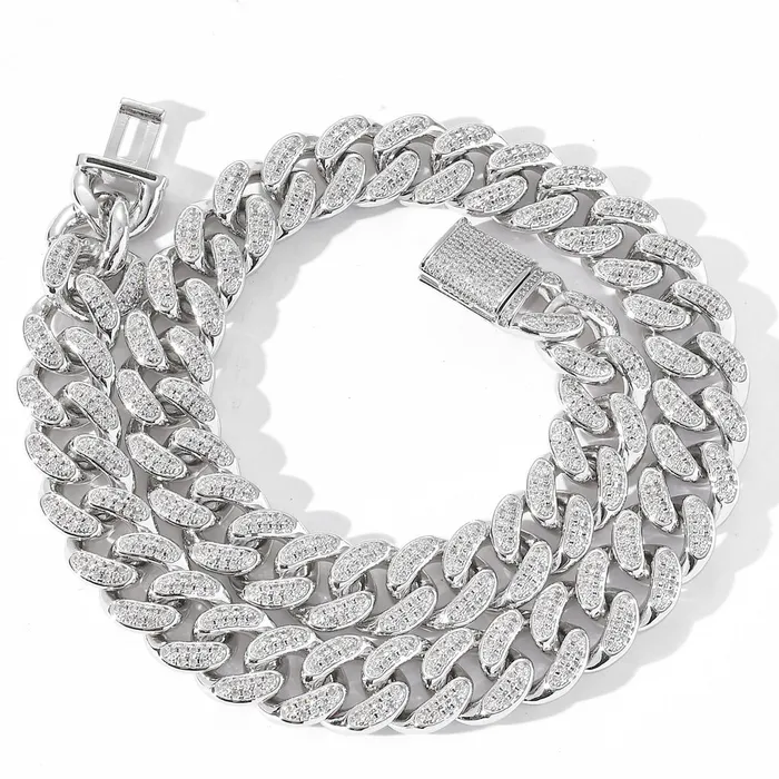 Glitters Necklaces 15mm Iced Out Miami Cuban Chain Silver