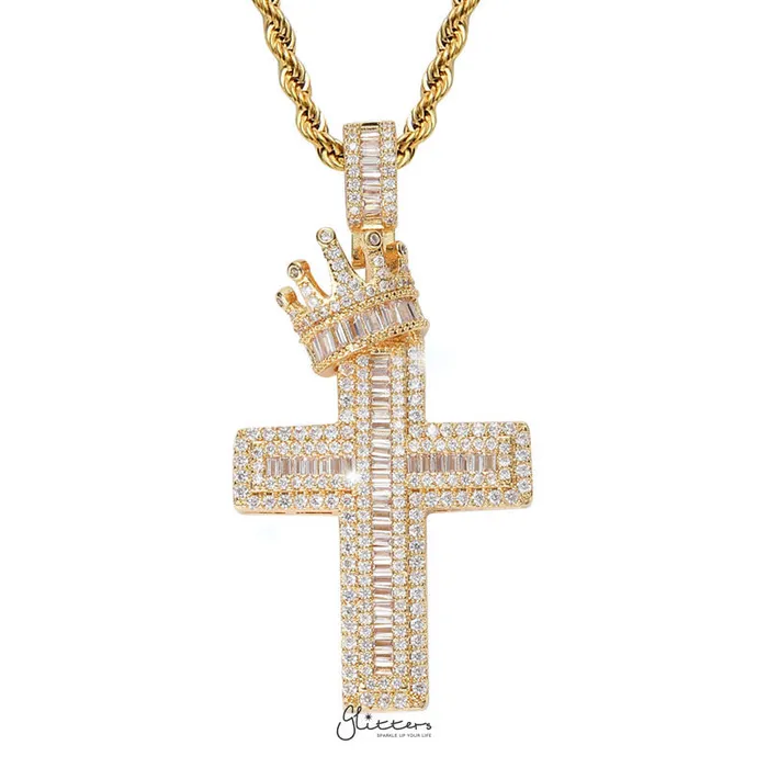 Glitters Necklaces Iced Out Cross with Crown Pendant Gold