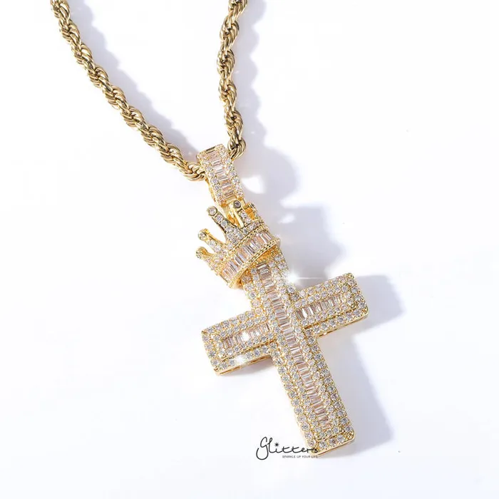 Glitters Necklaces Iced Out Cross with Crown Pendant Gold