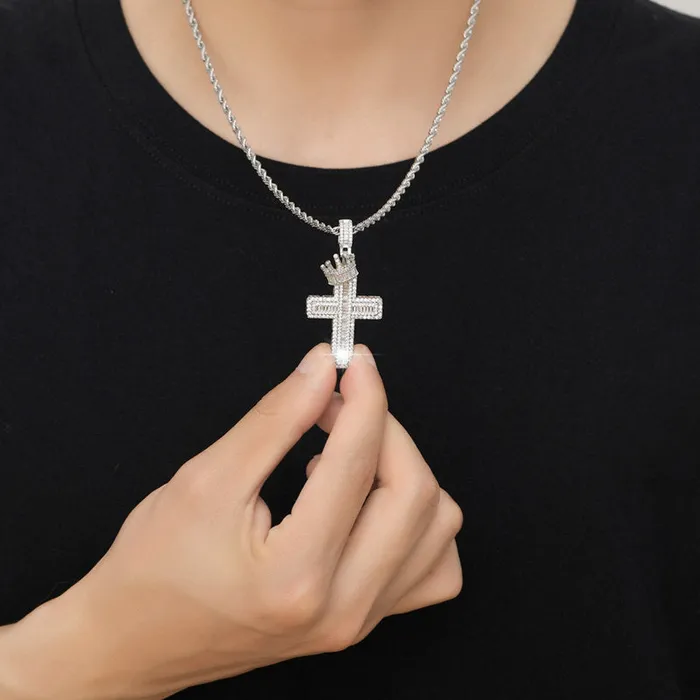 Glitters Necklaces Iced Out Cross with Crown Pendant Gold