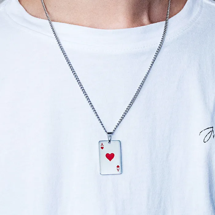 Glitters Necklaces Stainless Steel Ace of Hearts Playing Card Pendant