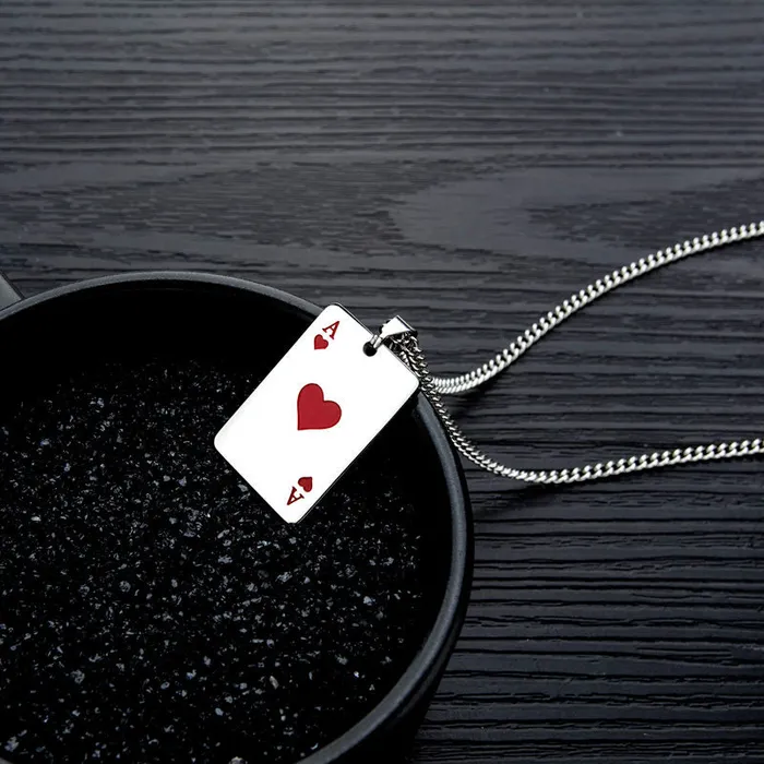 Glitters Necklaces Stainless Steel Ace of Hearts Playing Card Pendant