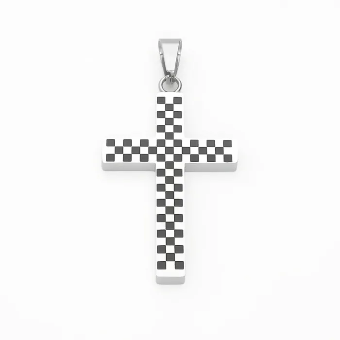 Glitters Necklaces Stainless Steel Black White Checkered Cross Pendant