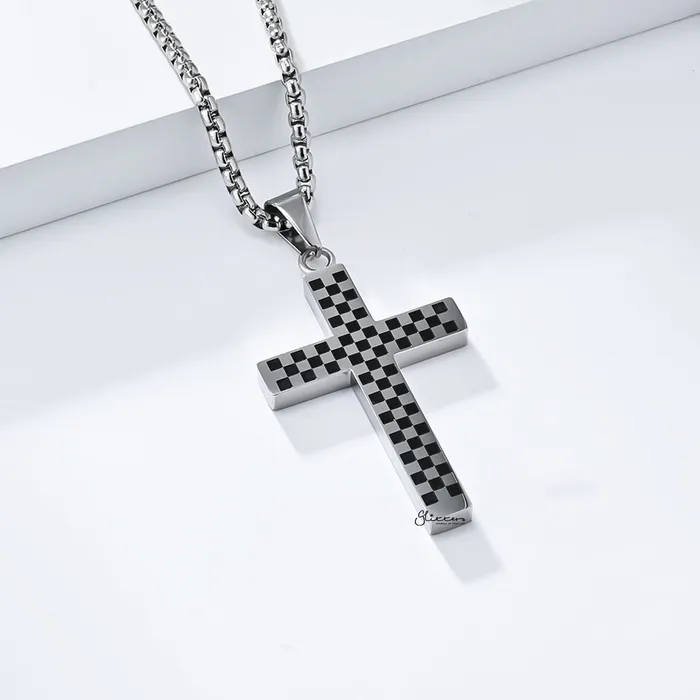 Glitters Necklaces Stainless Steel Black White Checkered Cross Pendant
