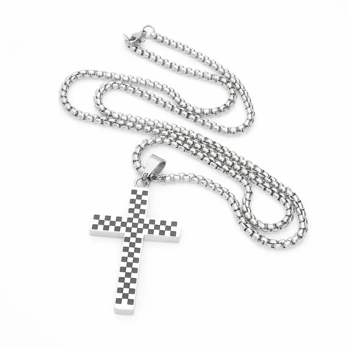 Glitters Necklaces Stainless Steel Black White Checkered Cross Pendant