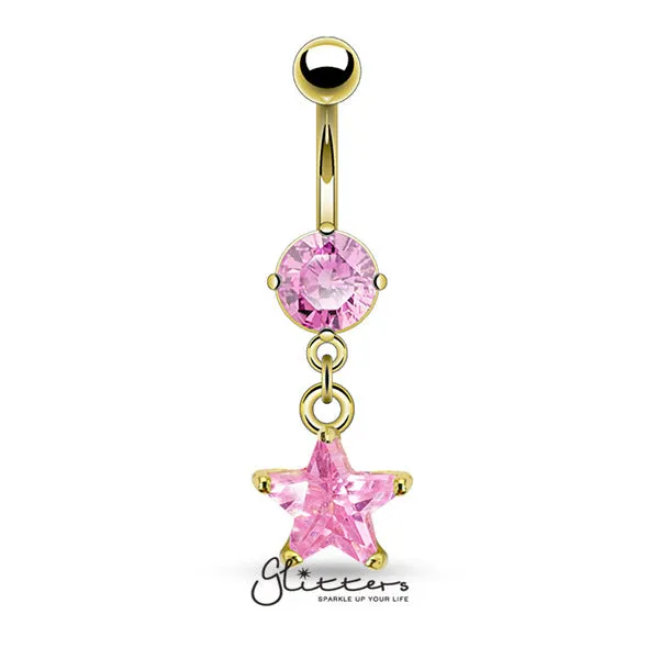 Glitters Rings 14kt Gold Ion Plated Pink Star Shaped Cubic Zirconia Dangle Belly Button Ring Glitters Rings 14kt Gold Ion Plated Pink Star Shaped Cubic Zirconia Dangle Belly Button Ring