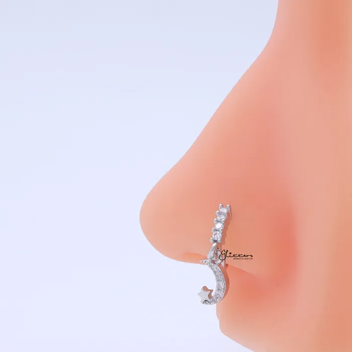 Glitters Rings CZ Hoop Nose Ring with Dangle Crescent Moon and Star Silver