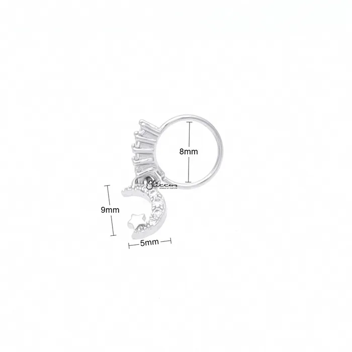 Glitters Rings CZ Hoop Nose Ring with Dangle Crescent Moon and Star Silver