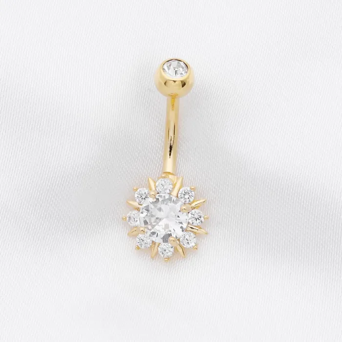 Glitters Round CZ Sunburst Belly Button Ring Gold Rings