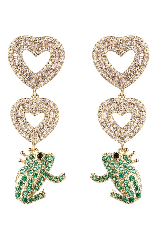 Green Frog Heart 18K Gold Plated CZ Drop earrings Eye Candy LA Earrings