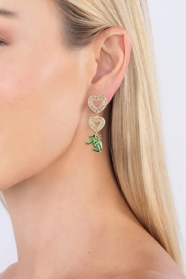 Green Frog Heart 18K Gold Plated CZ Drop earrings Eye Candy LA Earrings