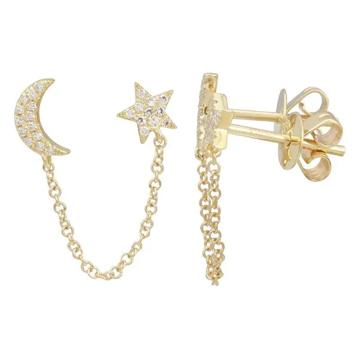 Izakov Diamonds Fine Jewelry Earrings 14K Gold Diamond Pave Chained Star Moon Double Earring