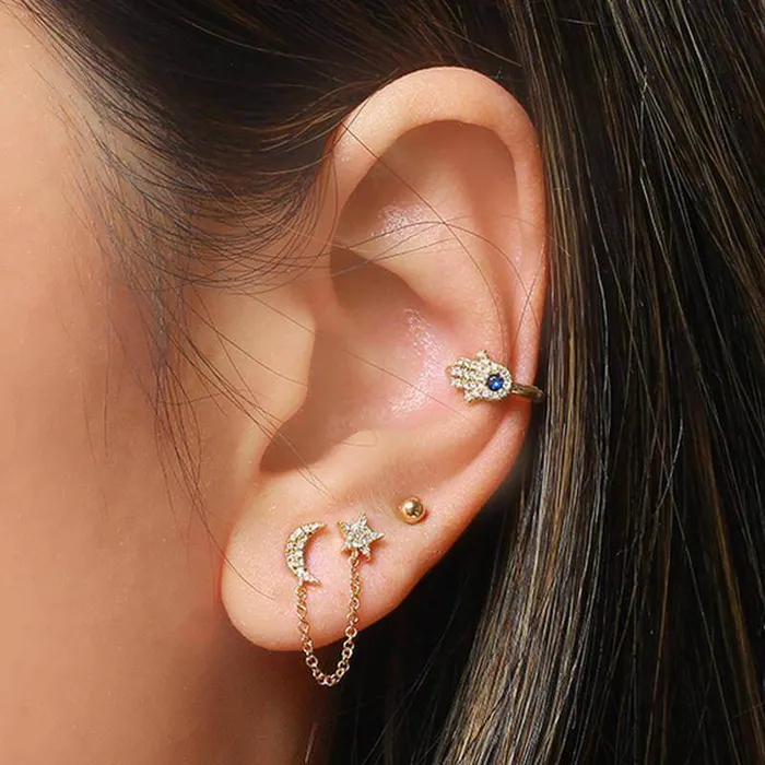 Izakov Diamonds Fine Jewelry Earrings 14K Gold Diamond Pave Chained Star Moon Double Earring