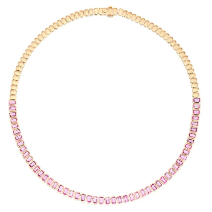 Izakov Diamonds Fine Jewelry Necklaces 14K Gold Bezel Emerald Cut Pink Sapphire Necklace Izakov Diamonds Fine Jewelry Necklaces 14K Gold Bezel Emerald Cut Pink Sapphire Necklace