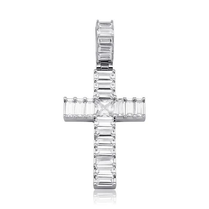 Necklaces Glitters Iced Out Baguette Cut Cross Pendant Silver